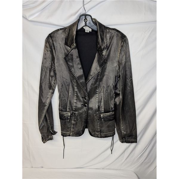 Simon Chang shiny denim look jacket with lace-up sides