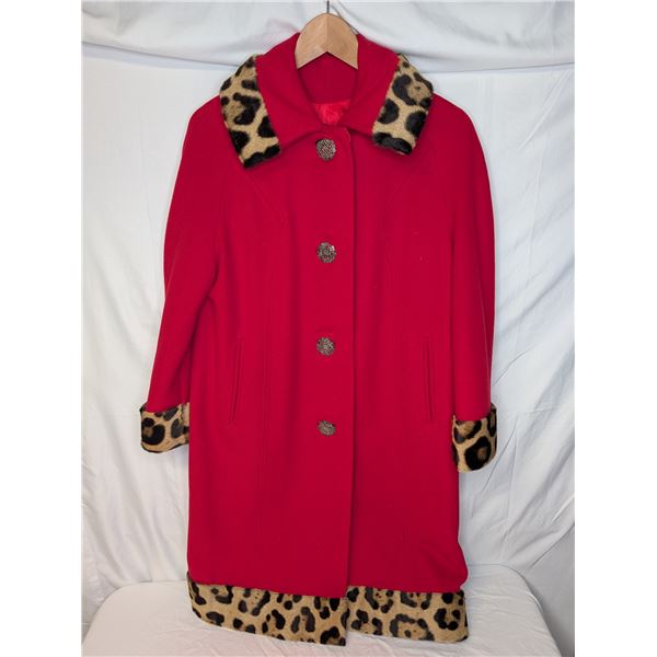 Vintage Red cashmere red coat with real leopard cuff, collar and bottom trim including vintage .925 