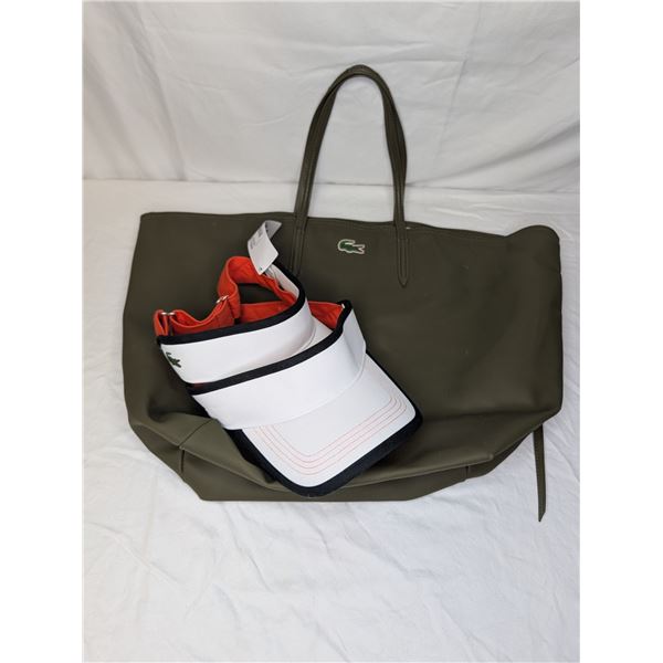 Lacoste Olive green tie up tote purse with two (NWT) white and orange visors