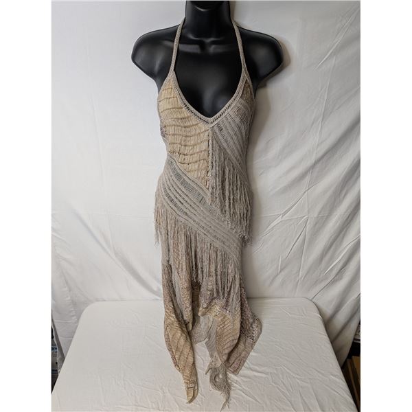 Roberto Cavalli halter dress beige tassels with stone print