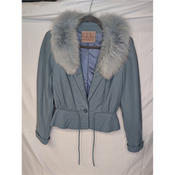 Walk Rite blue suede cropped jacket with fur collar