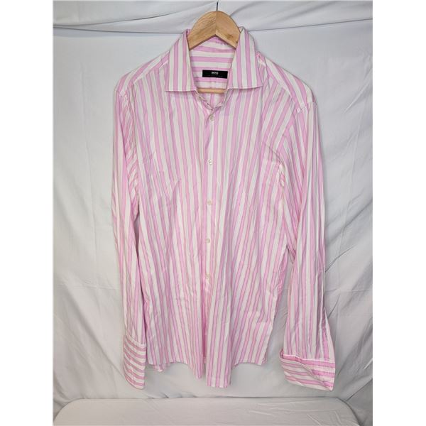 Hugo Boss men's pink stripe French cuff dress shirt