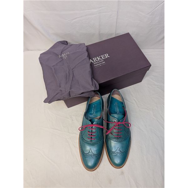 Barker Aqua leather saddle shoes with pink laces and box including dust cover