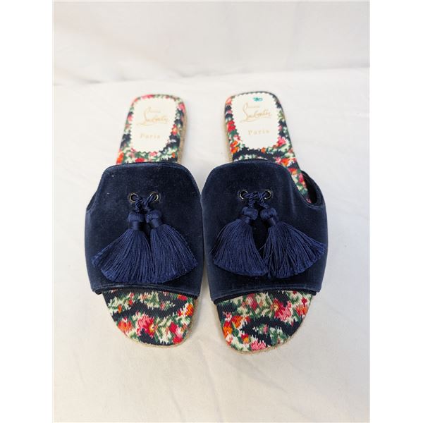 Christian Louboutin blue velvet slides with tassels