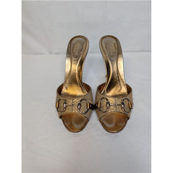 Gucci heels gold snake horse bit open toe
