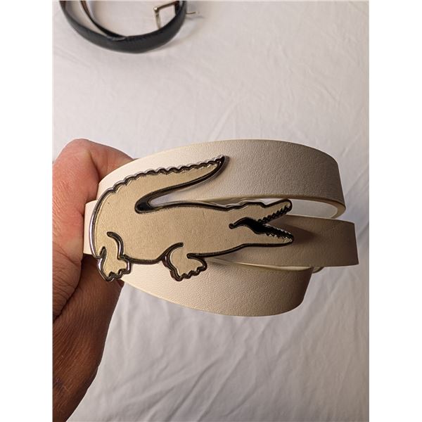 Lacoste white belt with signature alligator and Ralph Lauren belt