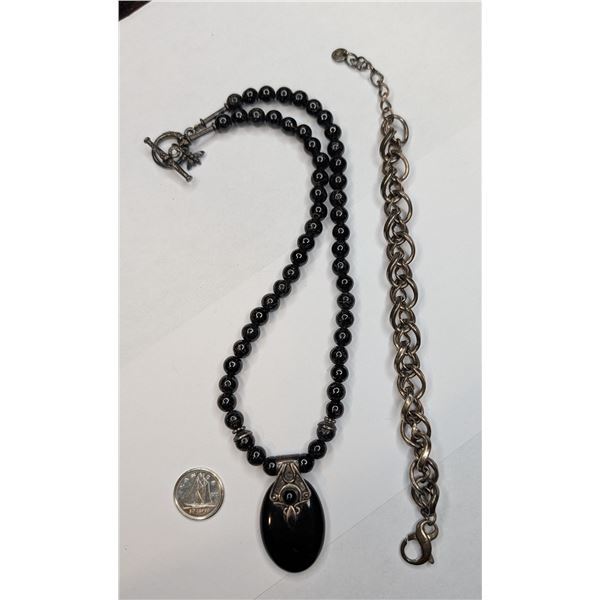 Black bead necklace and sterling silver bracelet stamped 925