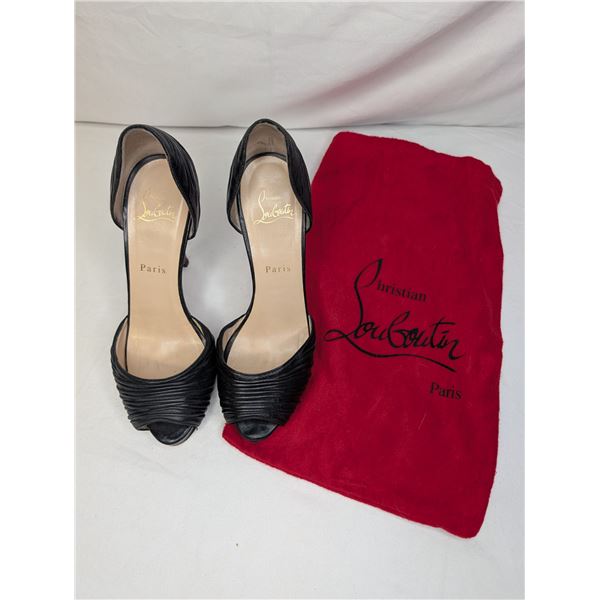 Christian Louboutin black rusched leather open toe heels