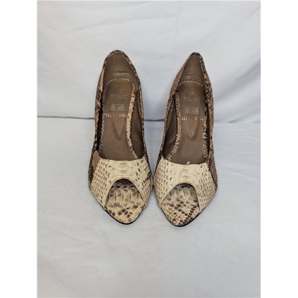 Veari Python snakeskin open toe heels