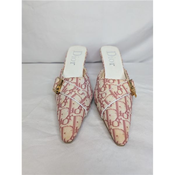 Christian Dior NEW logo fabric pink and cream low heel slides