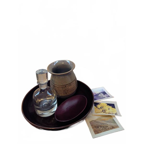 Lot: Studio Pottery Vase, Glass Decanter, Ceramic Plate, Art Cards