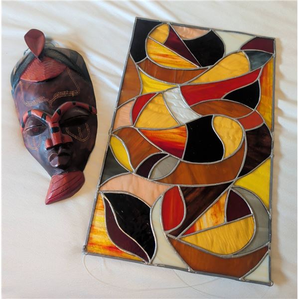 Hand-Carved Kenyan Wood Mask and Abstract Stained Glass Panel