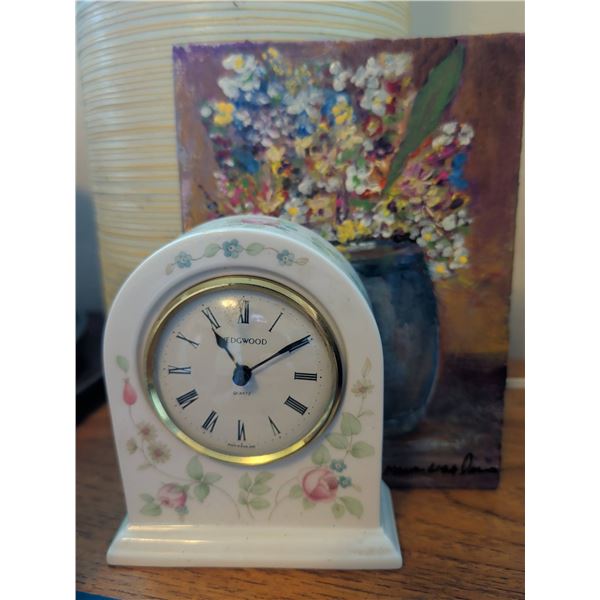 Wedgwood Rosehip Quartz Clock and Signed Flower Painting
