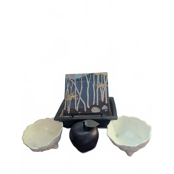 Decorative Art Tile, Bonsai Pot, Apple Vase, and Coalport Dishes Lot