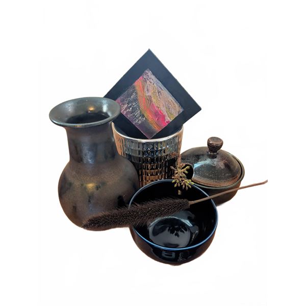 Five-Piece Pottery and Art Lot Including 1996 Signed Vase