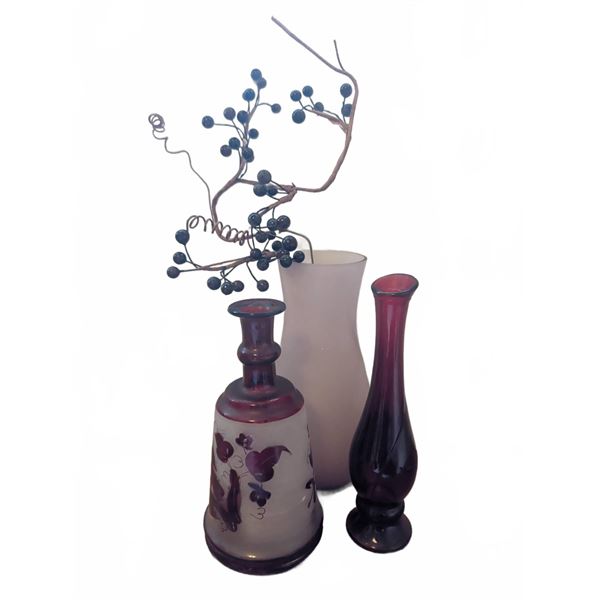 Three-Piece Decorative Vase and Bottle Group, Ruby and Pink Glass