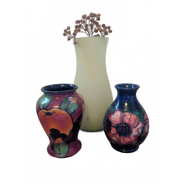 Three Decorative Vases: Moorcroft, Royal Stanley, and Frosted Glass