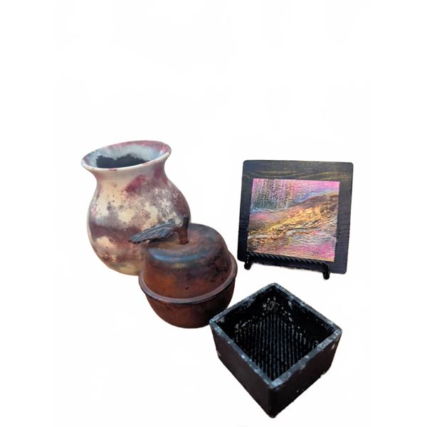 Art and Decor Lot: Vase, Apple Candle, Kenzan, Small Artwork