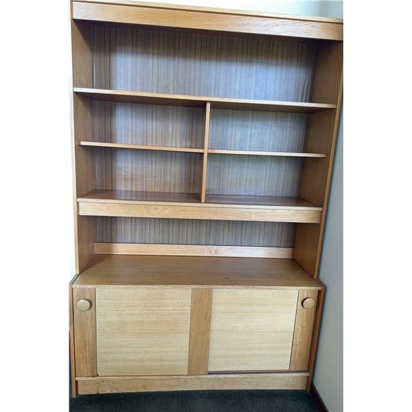 Wood Veneer Bookcase With Adjustable Shelves And Two-Door Cabinet