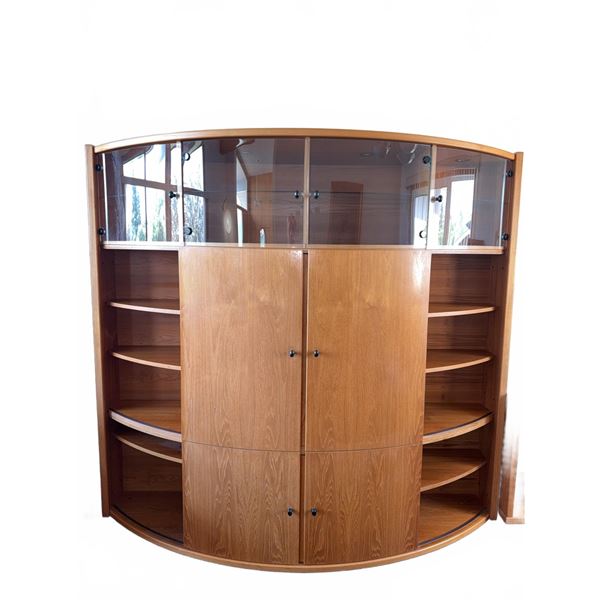 Curved Wood Entertainment Wall Unit with Glass Display and Shelving
