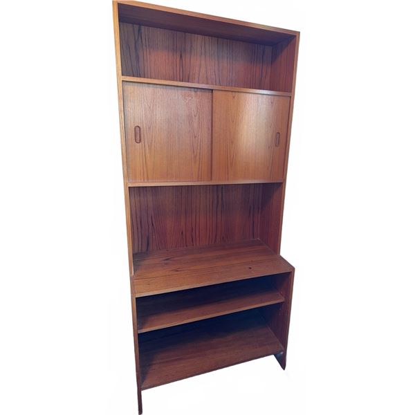 Teak Bookcase / Storage Unit w/ Sliding Doors & Many Compartments
