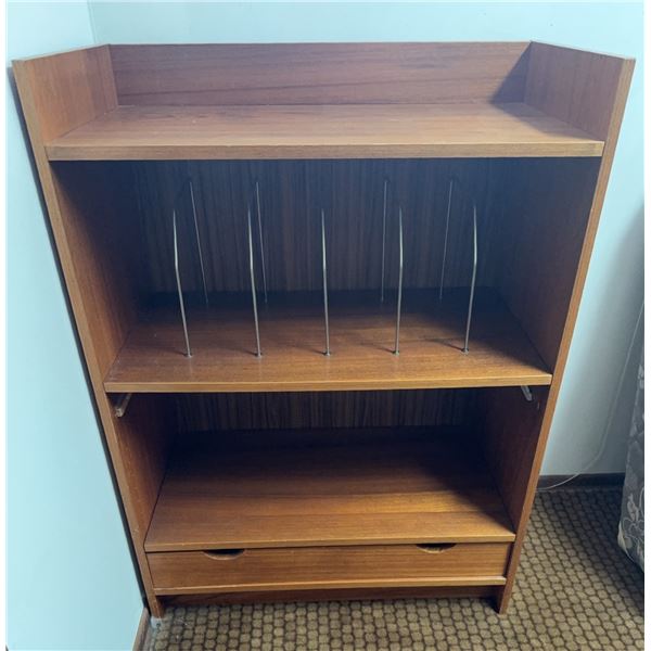 Teak Media Shelf w/ Metal Dividers & Drawer