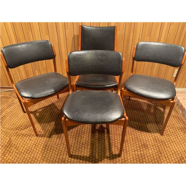 4 Teak w/Black Vegan Leather Upholstery Dining Chairs