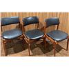 Image 9 : 4 Teak w/Black Vegan Leather Upholstery Dining Chairs