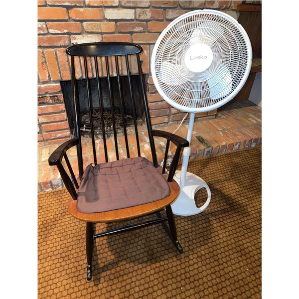 Wood Rocking Chair with Pad and Lasko Oscillating Pedestal Fan
