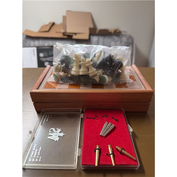 Wooden Chess Set with Pieces and Chess-Themed Tie Pins
