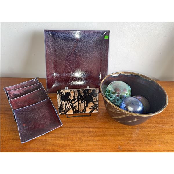 Signed Studio Pottery Tableware Group with Glass Orbs
