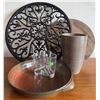 Image 1 : Home Decor Items: Cast Iron Trivet, Wooden Board, Vase, Crystal Votive, and Stoneware Dish