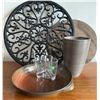 Image 2 : Home Decor Items: Cast Iron Trivet, Wooden Board, Vase, Crystal Votive, and Stoneware Dish