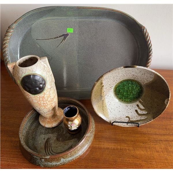 Studio Pottery Lot with Crackle Vase and Gilt Miniature