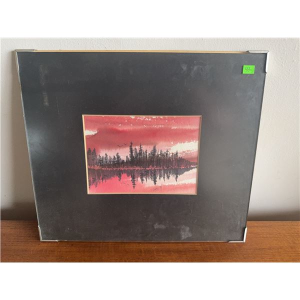Framed Watercolour Landscape Painting with Forest Silhouette