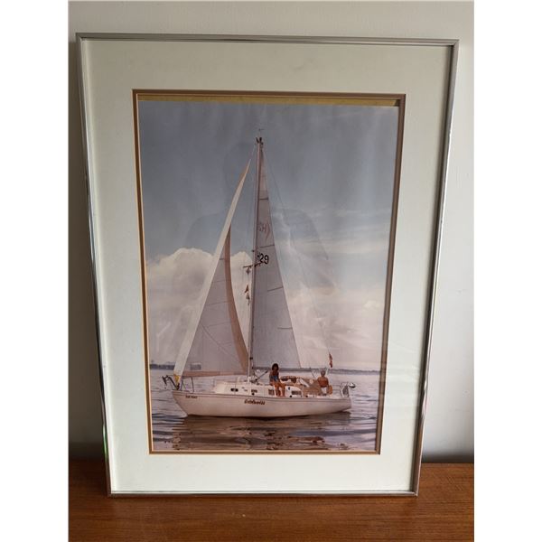 Framed Colour Photograph of Sailboat on Water