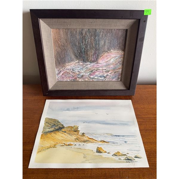 Two Jan Fraser Artworks: Framed Mixed Media and Unframed Watercolour Seascape