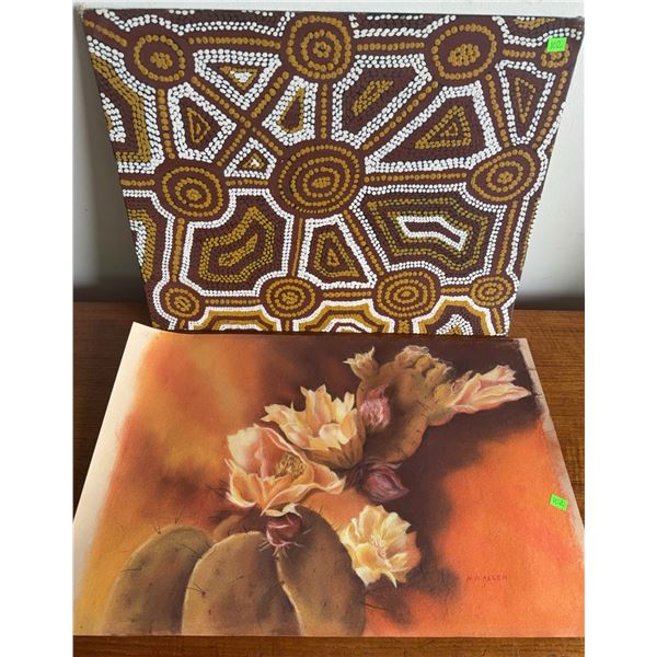 2 Artworks: Abstract Dot Painting and Floral Cactus Pastel (With Measurements)