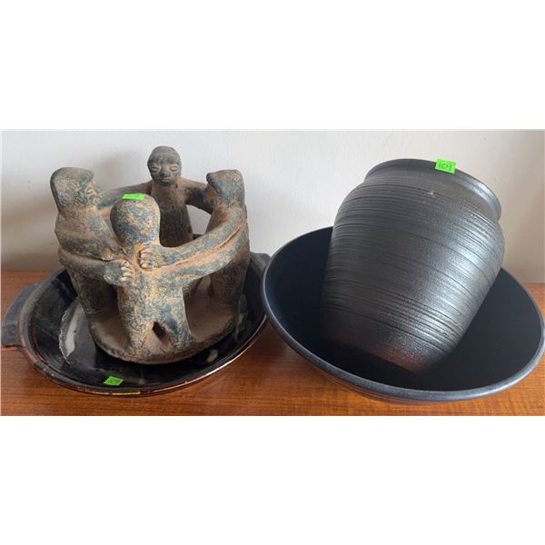 Four Ceramic Items Including Circle of Friends Sculpture and Signed Bowl