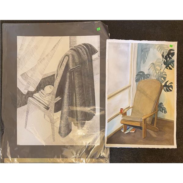 Two Works: Pencil Drawing and Watercolour Interior Scenes