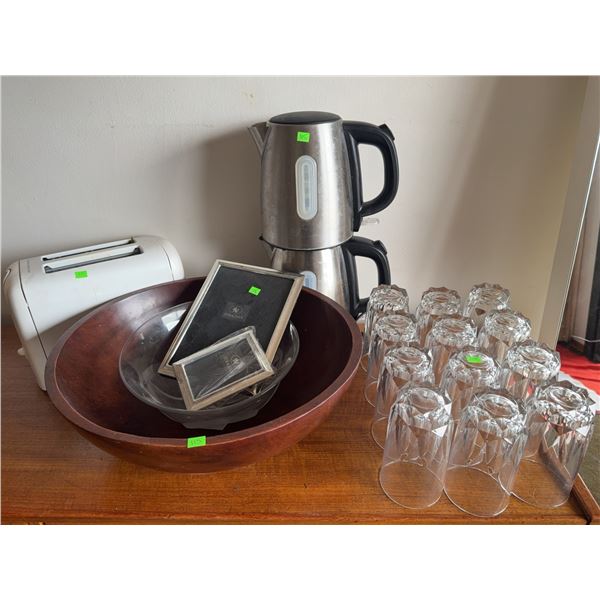 Household Lot with Glasses, Bowls, Picture Frames, Toaster, Kettles