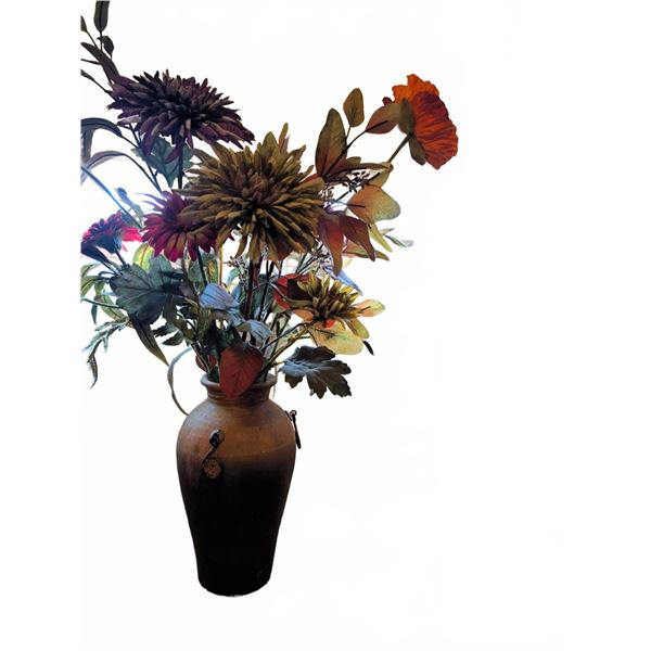 Decorative Pottery Vase With Faux Floral Arrangement and Framed Watercolour Landscape