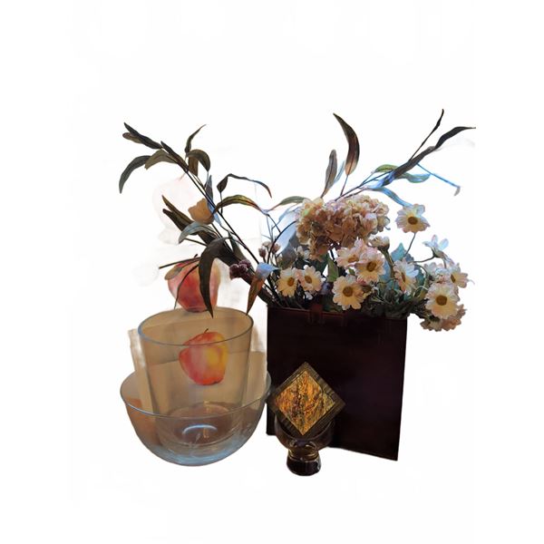 Home Decor Lot With Art, Glassware, Faux Foliage