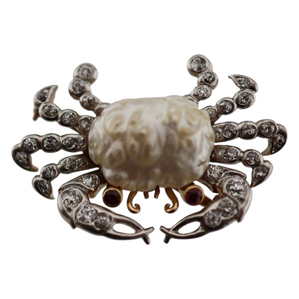 Gold Platinum Diamond & Pearl Crab Pin Pendant