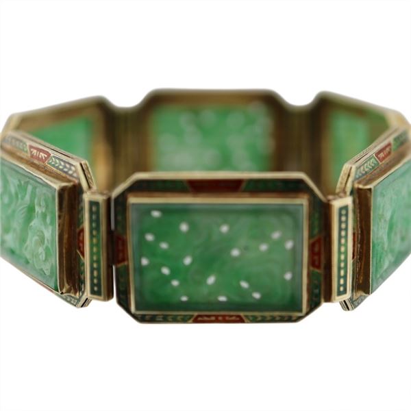 14K Carved Jade Enamel Panel Bracelet