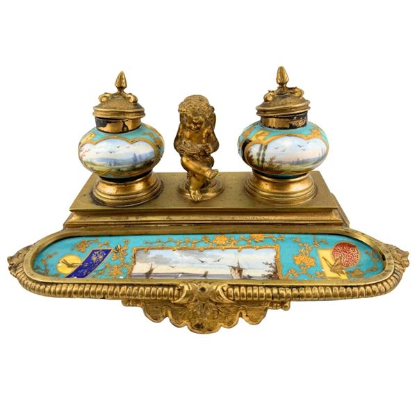 Napoleon III Double Inkwell & Pen Tray
