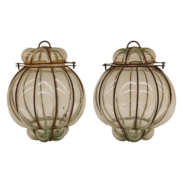 Set of Two Bubble Glass Cage Lanterns