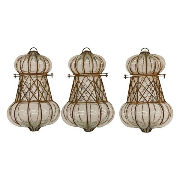 Three Venetian Bubble Glass Caged Pendant Lanterns