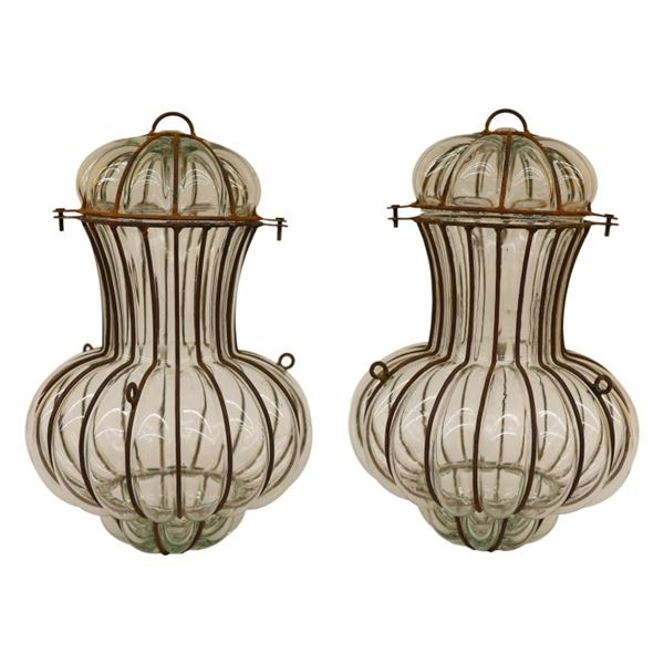 Pair of Venetian Caged Glass Onion Lanterns
