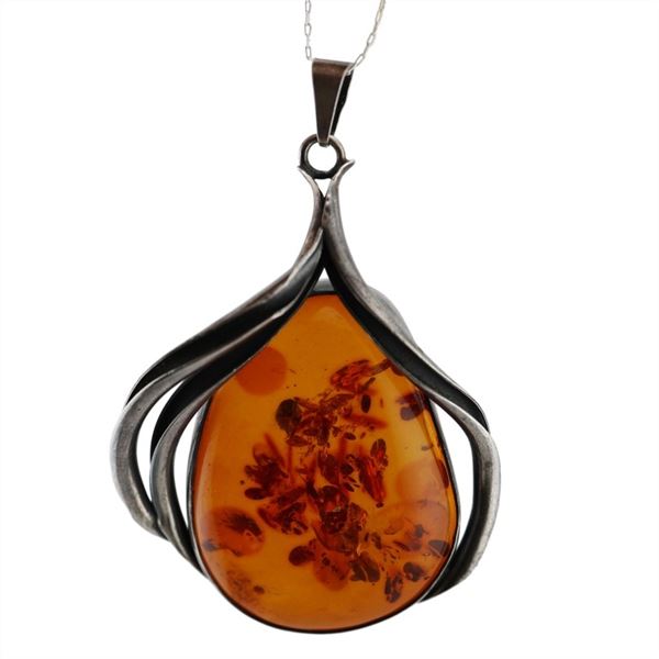 Modernist Sterling Silver Baltic Amber Pendant